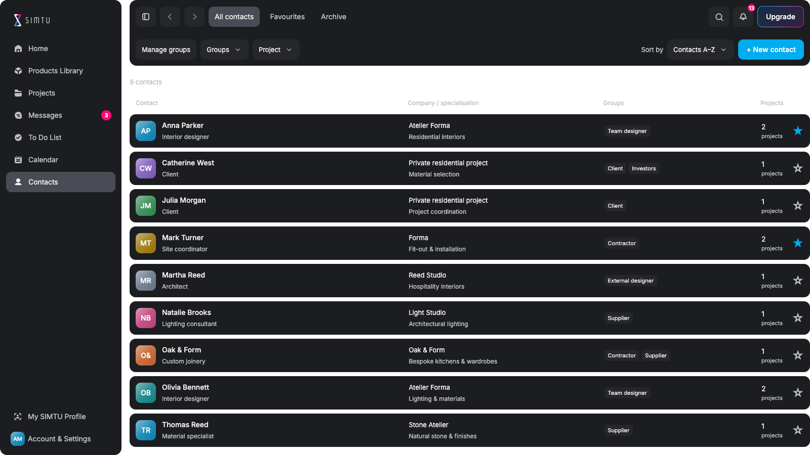 Contacts — SIMTU application screen