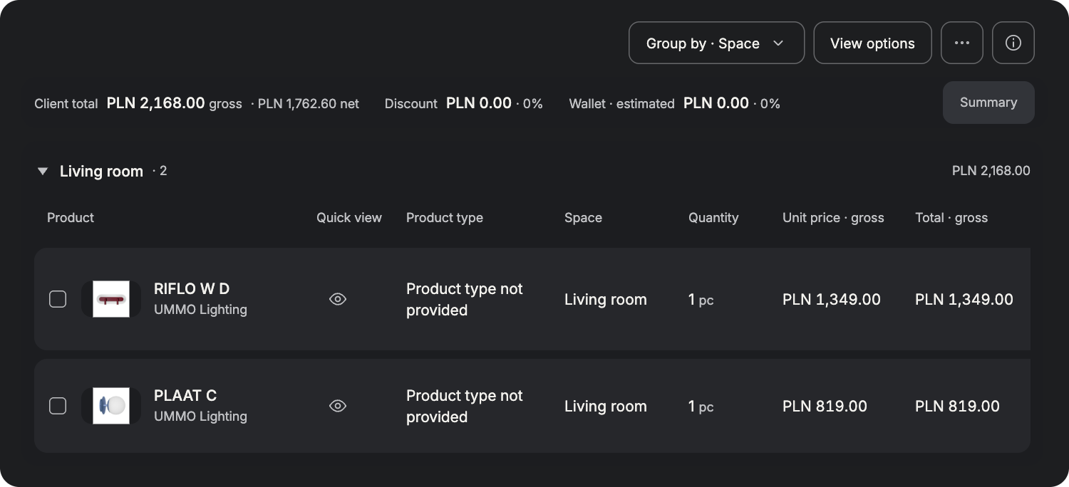 Shopping List for interior design projects — SIMTU application