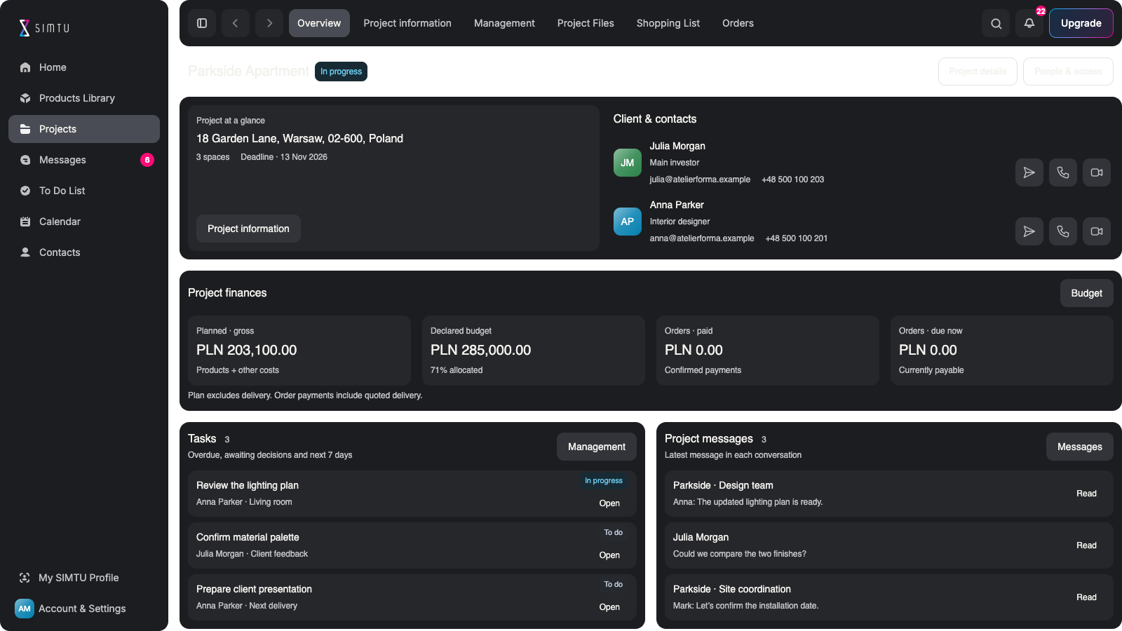 Projects — SIMTU application screen
